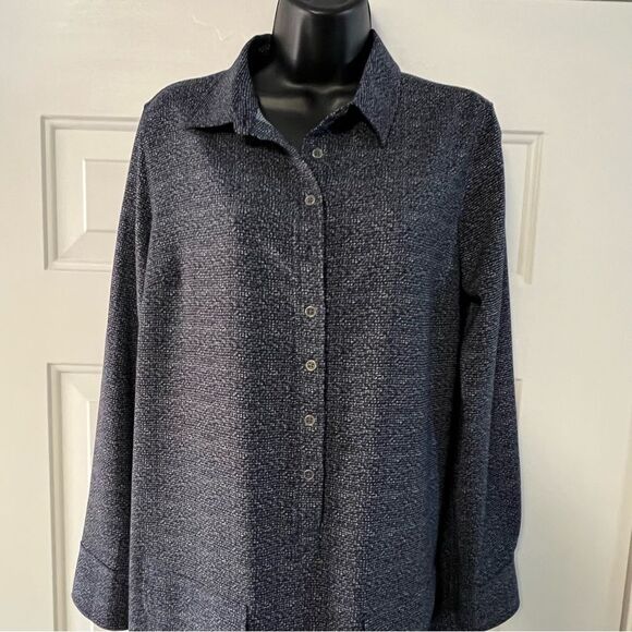 Lila Rose Blue Black Print Stretch 1/4 Button Popover Shirt Dress Academia 8 M - Picture 2 of 12
